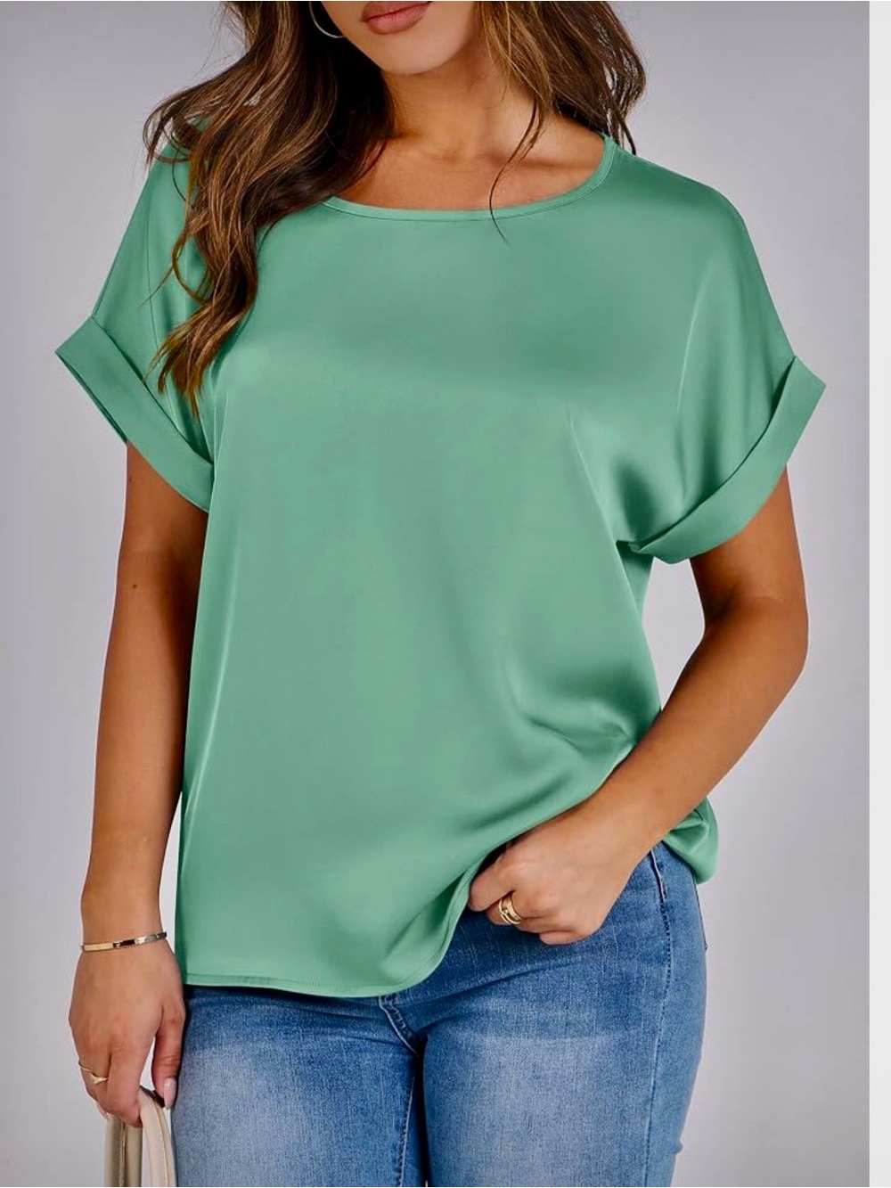 Satin Short Sleeve Crewneck Top in Seafoam Green-NWT